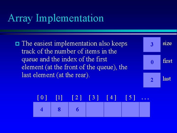 Array Implementation The easiest implementation also keeps track of the number of items in