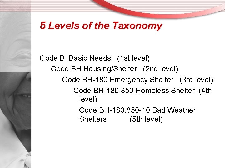 5 Levels of the Taxonomy Code B Basic Needs (1 st level) Code BH