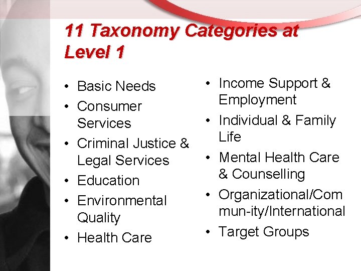 11 Taxonomy Categories at Level 1 • Basic Needs • Consumer Services • Criminal