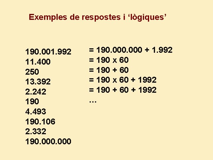 Exemples de respostes i ‘lògiques’ 190. 001. 992 11. 400 250 13. 392 2.