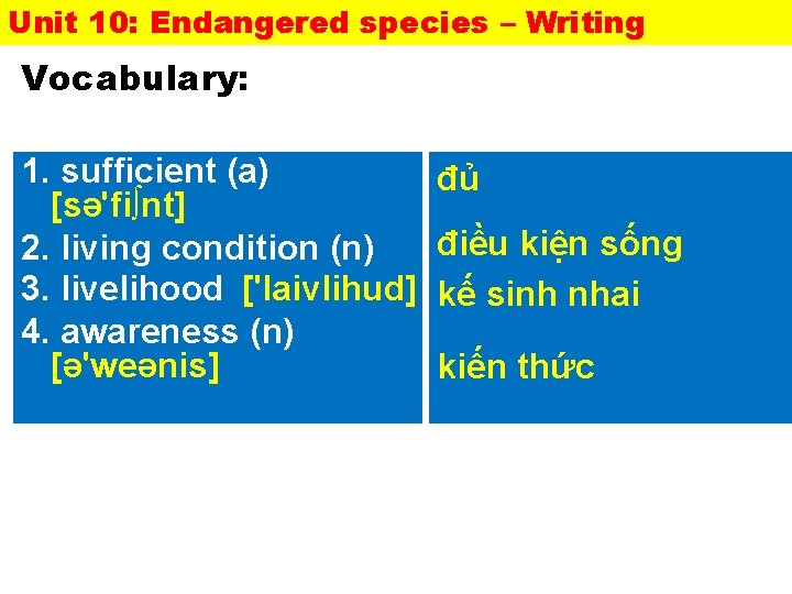 Unit 10: Endangered species – Writing Vocabulary: 1. sufficient (a) [sə'fi∫nt] 2. living condition