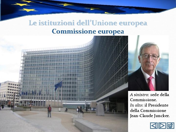 Le istituzioni dell’Unione europea Commissione europea A sinistra: sede della Commissione. In alto: il