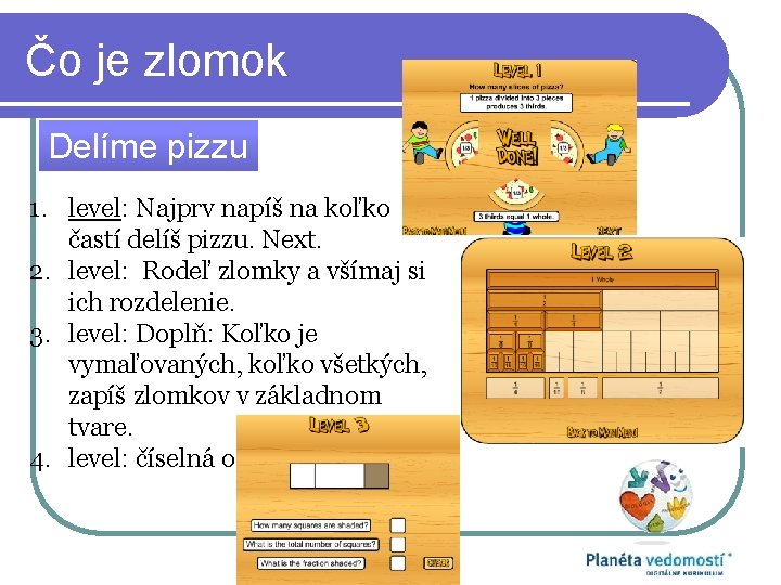 Čo je zlomok Delíme pizzu 1. level: Najprv napíš na koľko častí delíš pizzu.