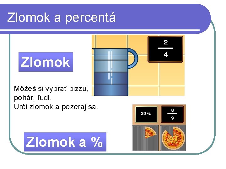 Zlomok a percentá Zlomok Môžeš si vybrať pizzu, pohár, ľudí. Urči zlomok a pozeraj