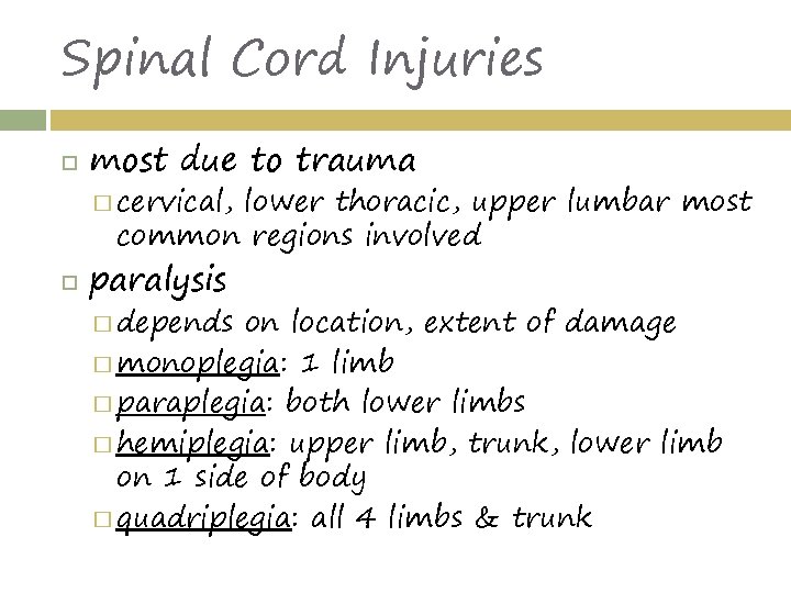 Spinal Cord Injuries most due to trauma � cervical, lower thoracic, upper lumbar most