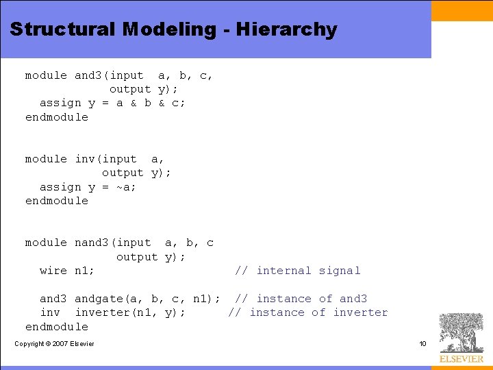 Structural Modeling - Hierarchy module and 3(input a, b, c, output y); assign y