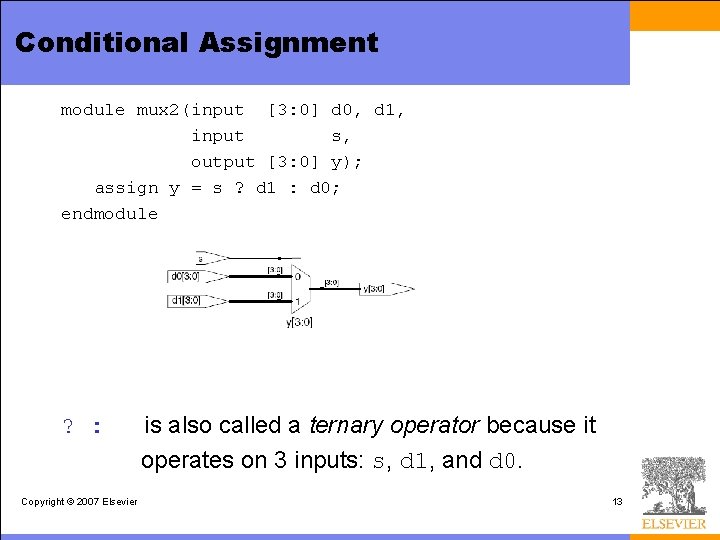 Conditional Assignment module mux 2(input [3: 0] d 0, d 1, input s, output