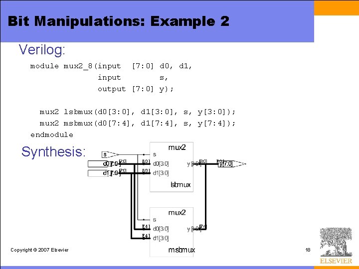 Bit Manipulations: Example 2 Verilog: module mux 2_8(input [7: 0] d 0, d 1,