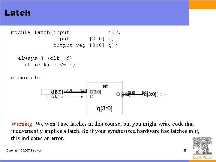 Latch module latch(input clk, input [3: 0] d, output reg [3: 0] q); always