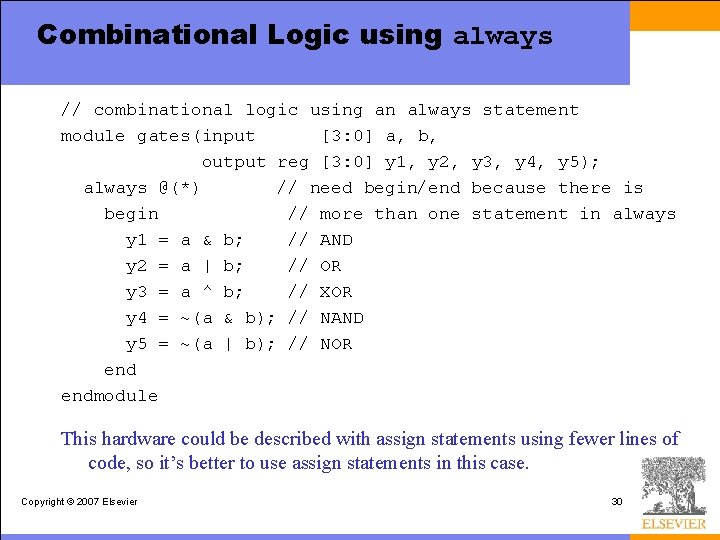 Combinational Logic using always // combinational logic using an always statement module gates(input [3: