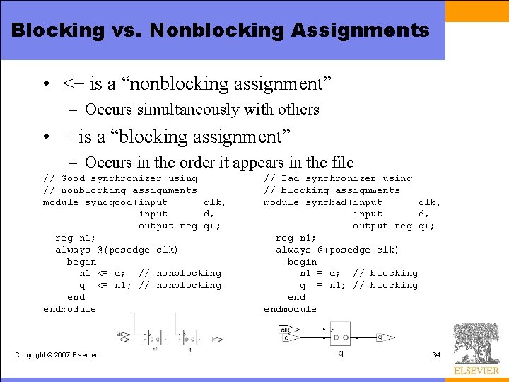 Blocking vs. Nonblocking Assignments • <= is a “nonblocking assignment” – Occurs simultaneously with