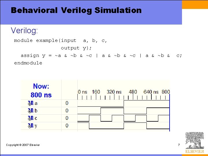 Behavioral Verilog Simulation Verilog: module example(input a, b, c, output y); assign y =