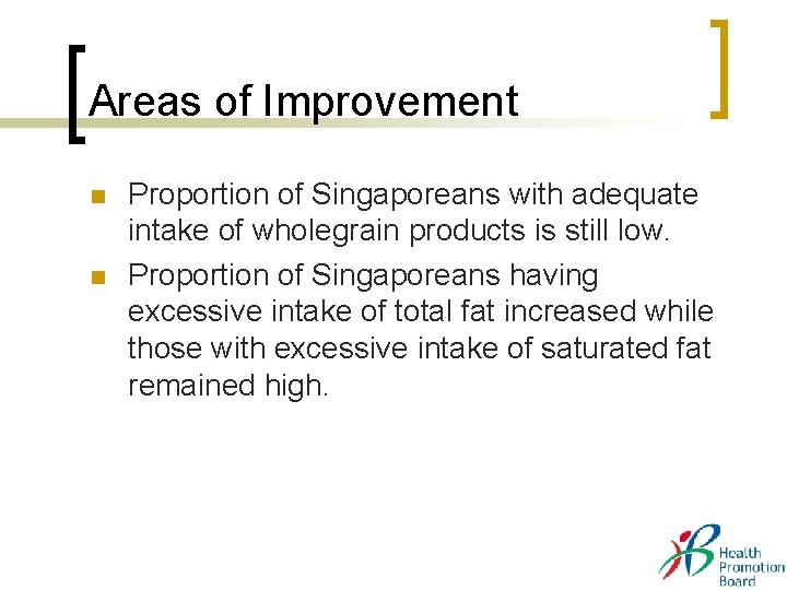 Areas of Improvement n n Proportion of Singaporeans with adequate intake of wholegrain products Areas of Improvement n n Proportion of Singaporeans with adequate intake of wholegrain products