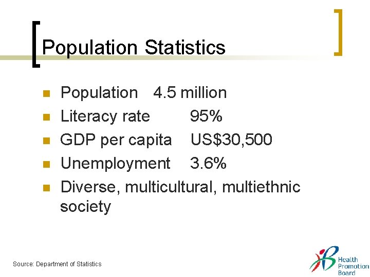 Population Statistics n n n Population 4. 5 million Literacy rate 95% GDP per Population Statistics n n n Population 4. 5 million Literacy rate 95% GDP per