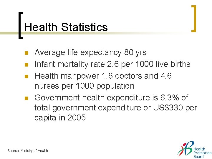 Health Statistics n n Average life expectancy 80 yrs Infant mortality rate 2. 6 Health Statistics n n Average life expectancy 80 yrs Infant mortality rate 2. 6