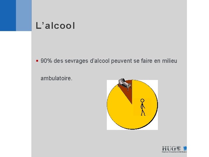 L’alcool § 90% des sevrages d’alcool peuvent se faire en milieu ambulatoire. 