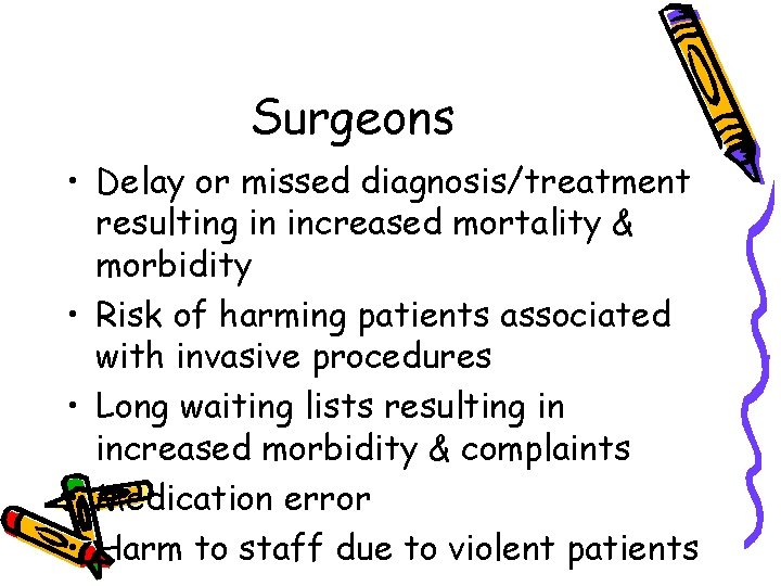 Surgeons • Delay or missed diagnosis/treatment resulting in increased mortality & morbidity • Risk
