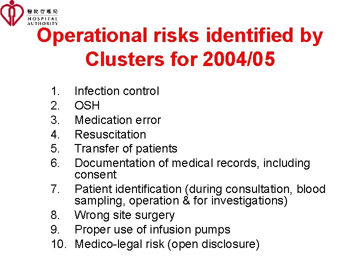 Operational risks identified by Clusters for 2004/05 1. 2. 3. 4. 5. 6. Infection