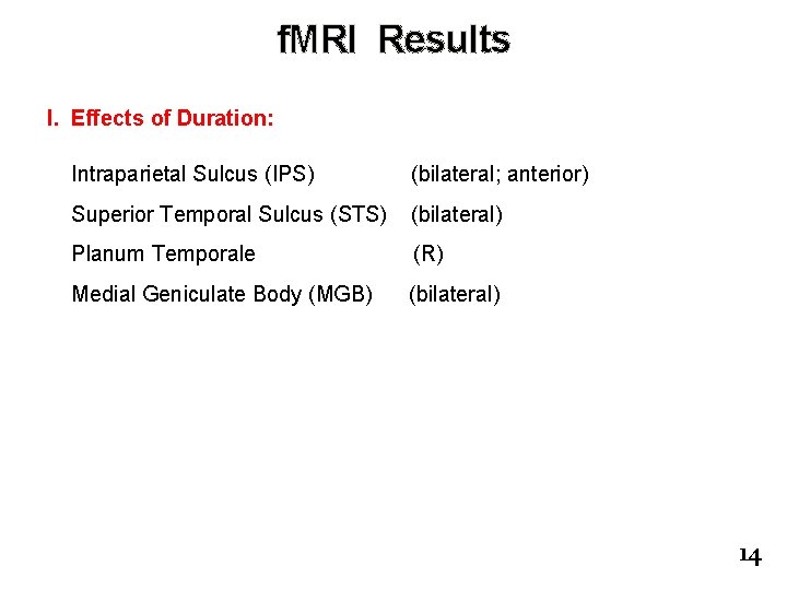 f. MRI Results I. Effects of Duration: Intraparietal Sulcus (IPS) (bilateral; anterior) Superior Temporal