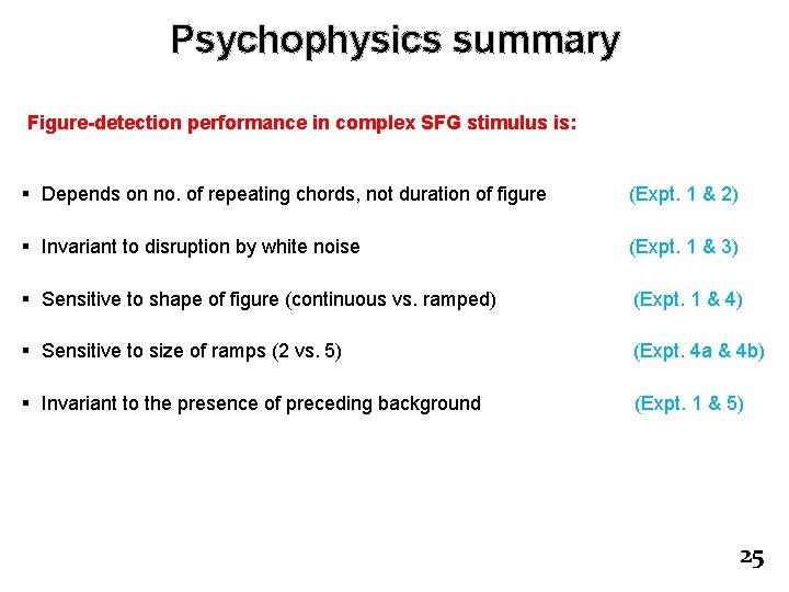 Psychophysics summary Figure-detection performance in complex SFG stimulus is: § Depends on no. of