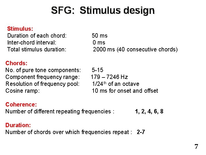 SFG: Stimulus design Stimulus: Duration of each chord: Inter-chord interval: Total stimulus duration: 50