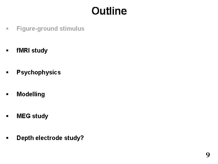 Outline § Figure-ground stimulus § f. MRI study § Psychophysics § Modelling § MEG