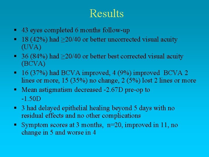 Results § 43 eyes completed 6 months follow-up § 18 (42%) had ≥ 20/40 Results § 43 eyes completed 6 months follow-up § 18 (42%) had ≥ 20/40