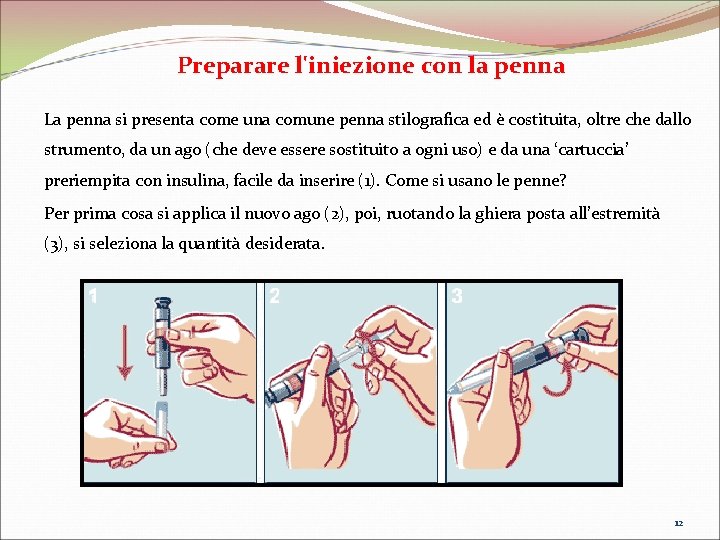 Preparare l'iniezione con la penna La penna si presenta come una comune penna stilografica Preparare l'iniezione con la penna La penna si presenta come una comune penna stilografica