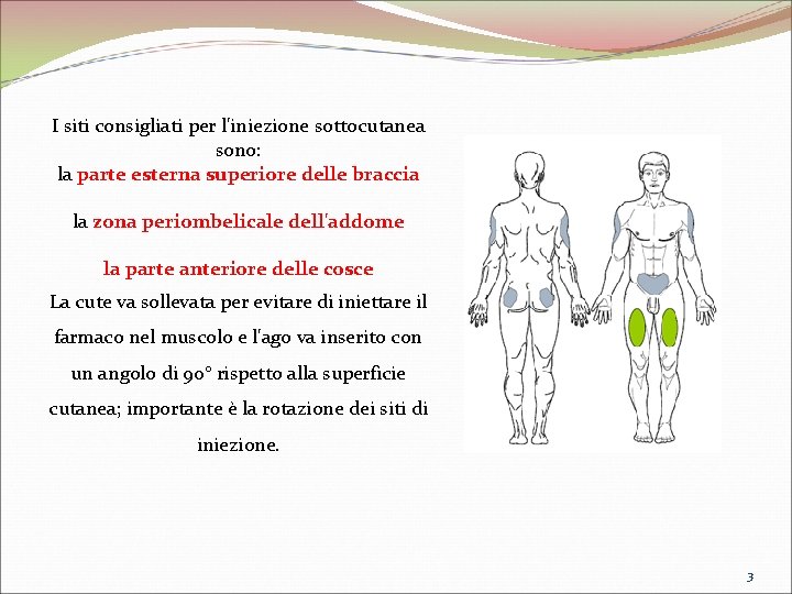 I siti consigliati per l'iniezione sottocutanea sono: la parte esterna superiore delle braccia la I siti consigliati per l'iniezione sottocutanea sono: la parte esterna superiore delle braccia la