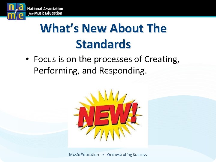 What’s New About The Standards • Focus is on the processes of Creating, Performing,