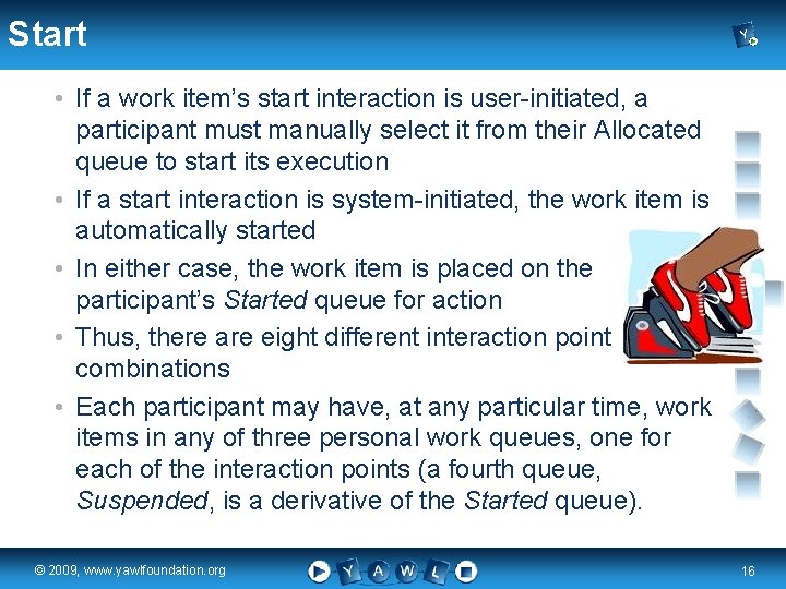 Start • If a work item’s start interaction is user-initiated, a participant must manually