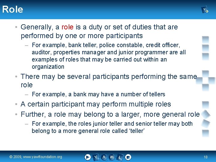 Role • Generally, a role is a duty or set of duties that are