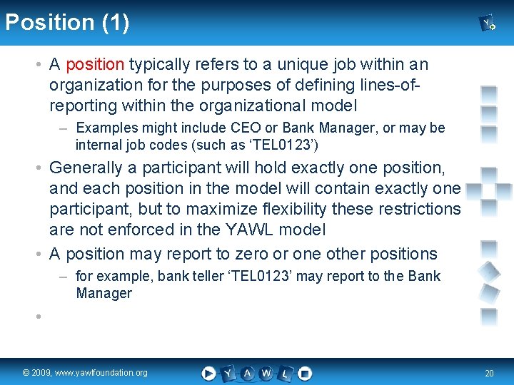 Position (1) • A position typically refers to a unique job within an organization