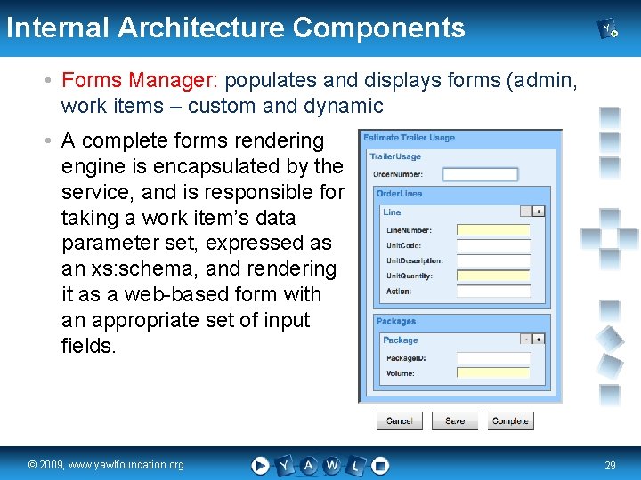 Internal Architecture Components • Forms Manager: populates and displays forms (admin, work items –