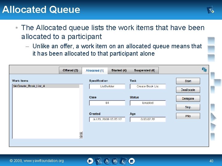 Allocated Queue • The Allocated queue lists the work items that have been allocated