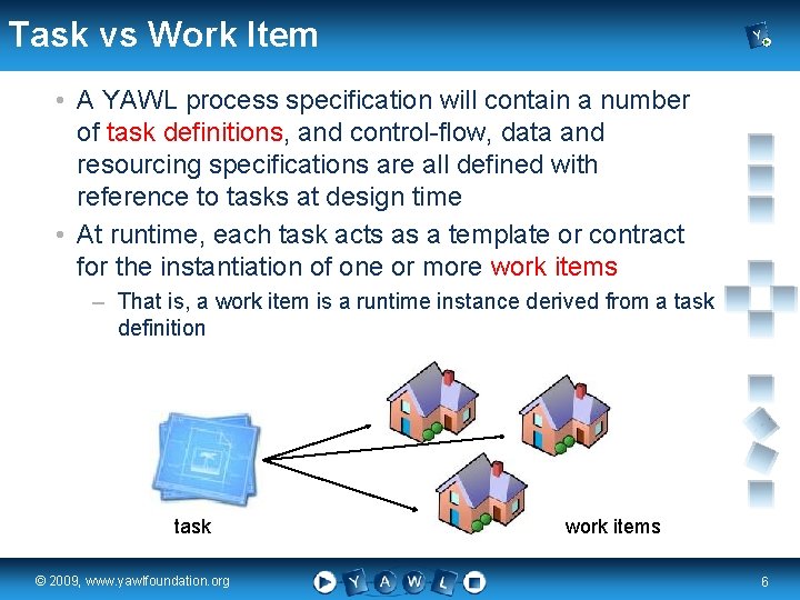 Task vs Work Item • A YAWL process specification will contain a number of