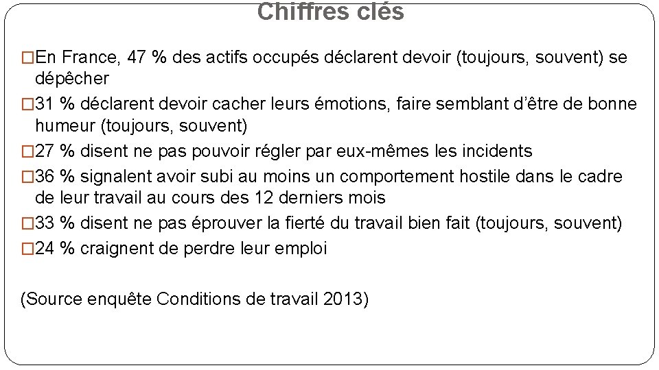 Chiffres clés �En France, 47 % des actifs occupés déclarent devoir (toujours, souvent) se