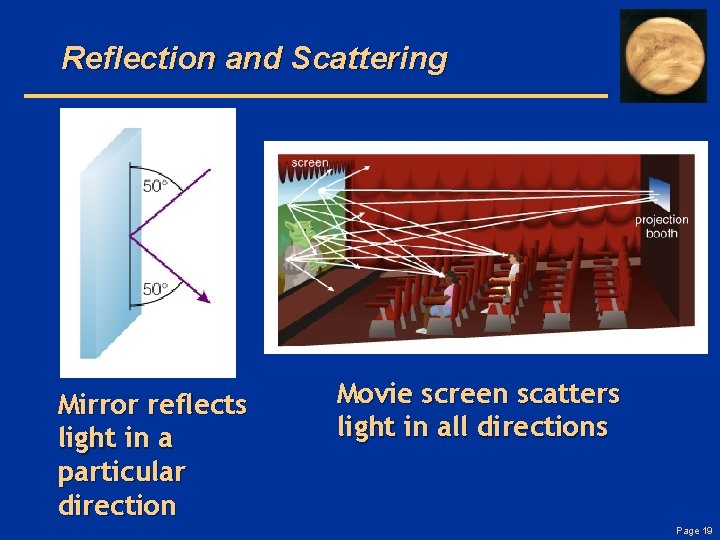 Reflection and Scattering Mirror reflects light in a particular direction Movie screen scatters light