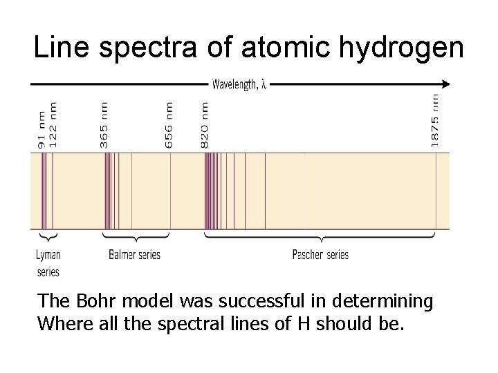 Line spectra of atomic hydrogen The Bohr model was successful in determining Where all
