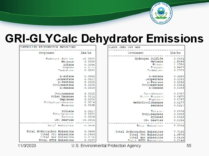 GRI-GLYCalc Dehydrator Emissions 11/3/2020 U. S. Environmental Protection Agency 55 