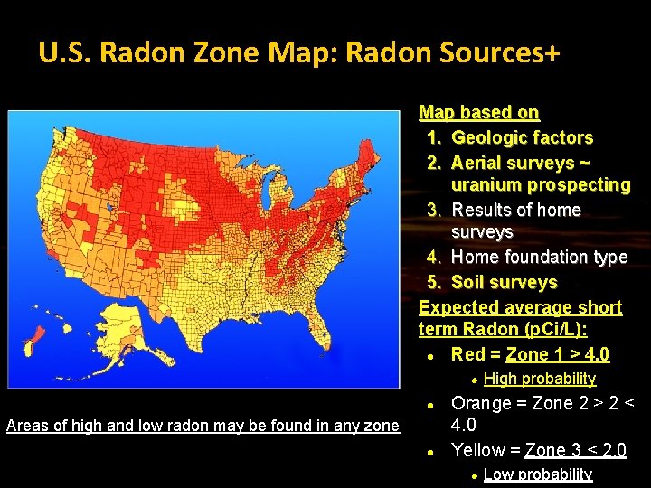 U. S. Radon Zone Map: Radon Sources+ Map based on 1. Geologic factors 2.