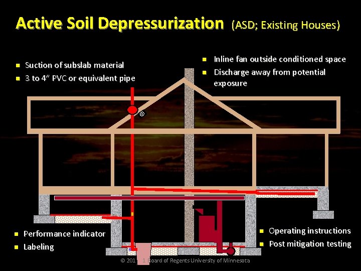 Active Soil Depressurization n n Suction of subslab material 3 to 4” PVC or
