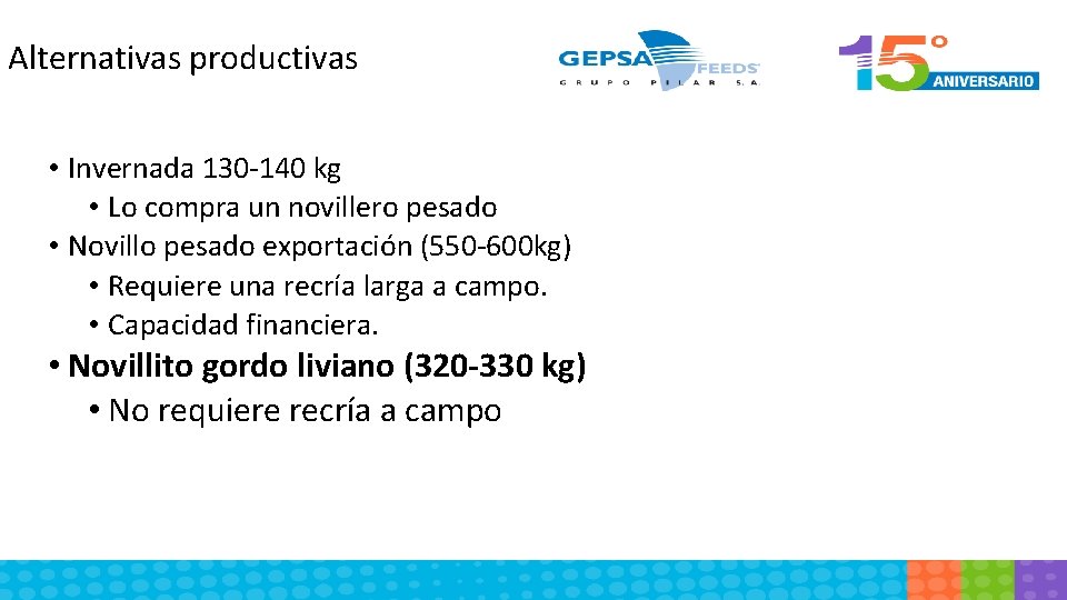 Alternativas productivas • Invernada 130 -140 kg • Lo compra un novillero pesado •