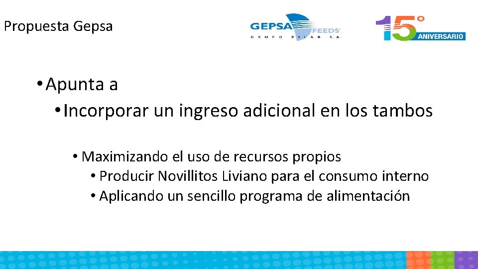 Propuesta Gepsa • Apunta a • Incorporar un ingreso adicional en los tambos •