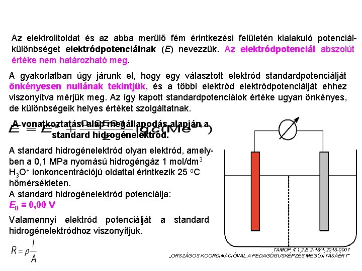 A STANDARD HIDROGÉNELEKTRÓD Az elektrolitoldat és az abba merülő fém érintkezési felületén kialakuló potenciálkülönbséget A STANDARD HIDROGÉNELEKTRÓD Az elektrolitoldat és az abba merülő fém érintkezési felületén kialakuló potenciálkülönbséget