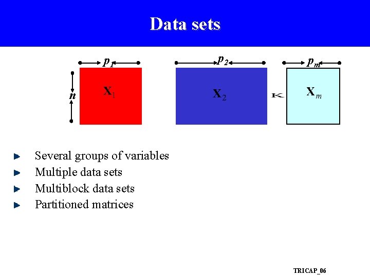 Data sets p 1 p 2 pm n Several groups of variables Multiple data