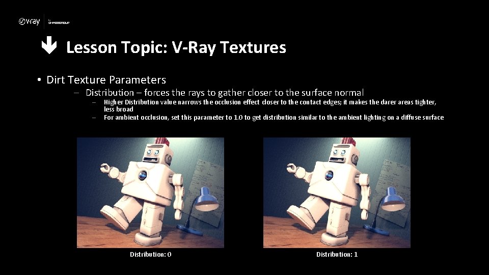  Lesson Topic: V-Ray Textures • Dirt Texture Parameters – Distribution – forces the
