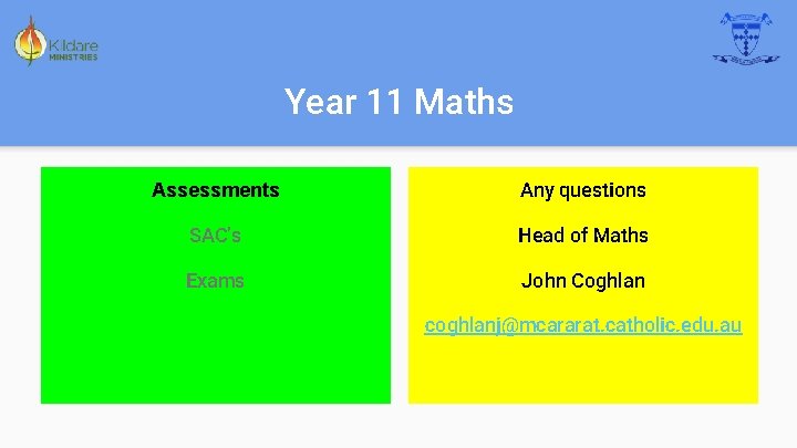 Year 11 Maths Assessments Any questions SAC’s Head of Maths Exams John Coghlan coghlanj@mcararat.