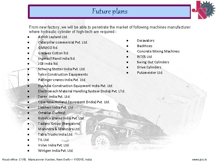 Future plans From new factory, we will be able to penetrate the market of