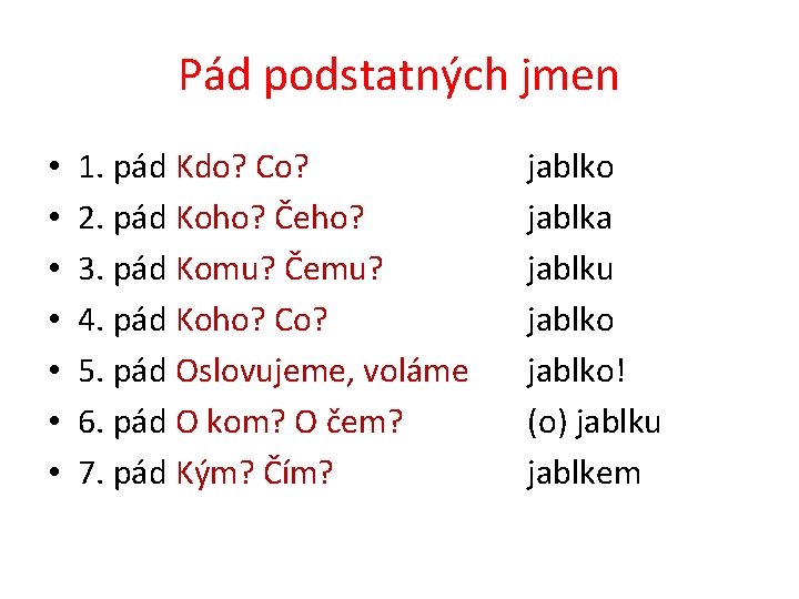 Pád podstatných jmen • • 1. pád Kdo? Co? 2. pád Koho? Čeho? 3.